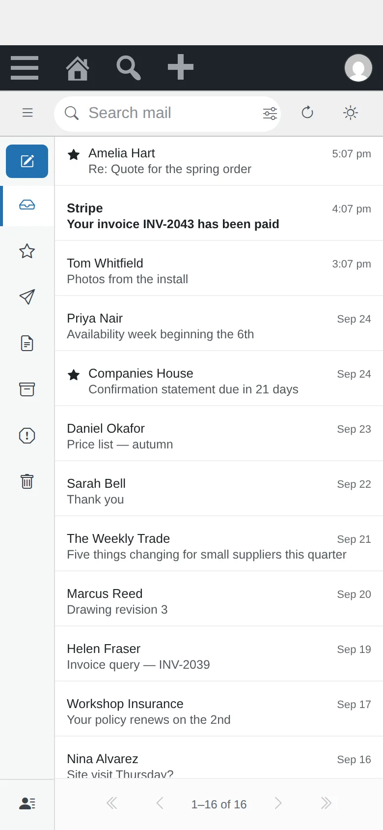 MailPane on a phone: the message list, with the folder rail collapsed behind a button